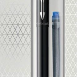 Promo 🥰 Parker Vector-vulpen | Zwart Met Chrome Afwerking | Mediumpunt | Blauwe Inkt | Hangtab 🧨