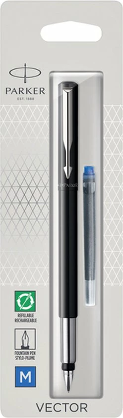 Promo 🥰 Parker Vector-vulpen | Zwart Met Chrome Afwerking | Mediumpunt | Blauwe Inkt | Hangtab 🧨 1 Promo 🥰 Parker Vector-vulpen | Zwart Met Chrome Afwerking | Mediumpunt | Blauwe Inkt | Hangtab 🧨