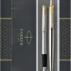Groothandel 👍 Parker Jotter Duo Geschenkset Met Balpen En Vulpen | Roestvrij Staal Met Gouden Trim | Blauwe Inktvulling En Patronen | Geschenkverpakking 🎁