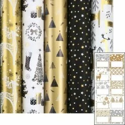 Groothandel 🥰 Benza GOLDEN WINTERTIME - Kerstpapier Assortiment Cadeaupapier Inpakpapier Voor Kerstmis - 2 Meter X 70 Cm - 5 Rollen - Inclusief Labels ⭐