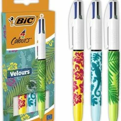 Flash-uitverkoop 🧨 BIC 4 Kleuren Velours Balpennen Medium Punt (1.0 Mm) - Verschillende Ontwerpen - Pak Van 3 Stuks - Velvet Look 👍