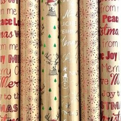 Hete verkoop 🎁 MDdesign Assortiment Kerstpapier Inpakpapier Cadeaupapier Voor Kerstmis - Kraft Met Foliedruk - 3 Meter X 70 Cm - 6 Rollen ⌛